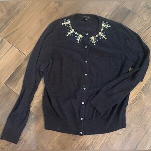 Ann Taylor Embellished Crewneck Cardigan Sweater in charcoal